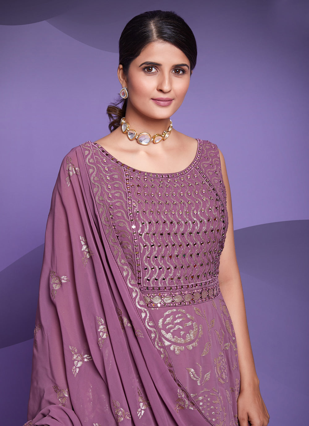 Readymade Gown Sequins Georgette In Purple For Wedding