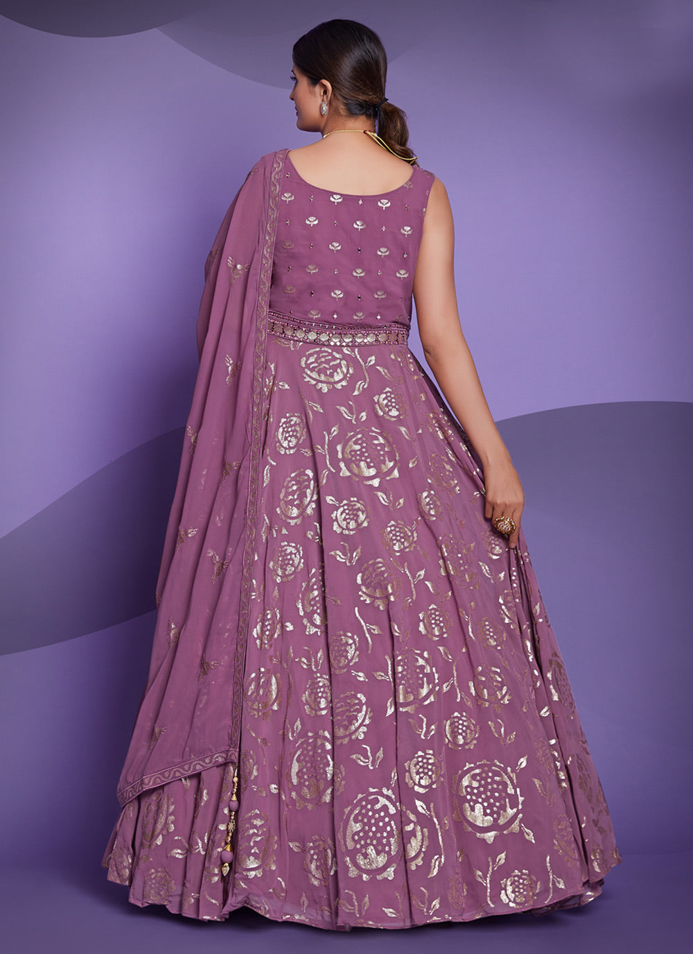 Readymade Gown Sequins Georgette In Purple For Wedding
