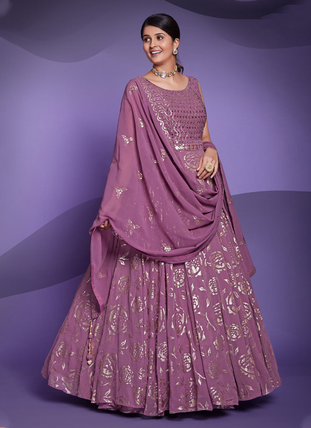 Readymade Gown Sequins Georgette In Purple For Wedding