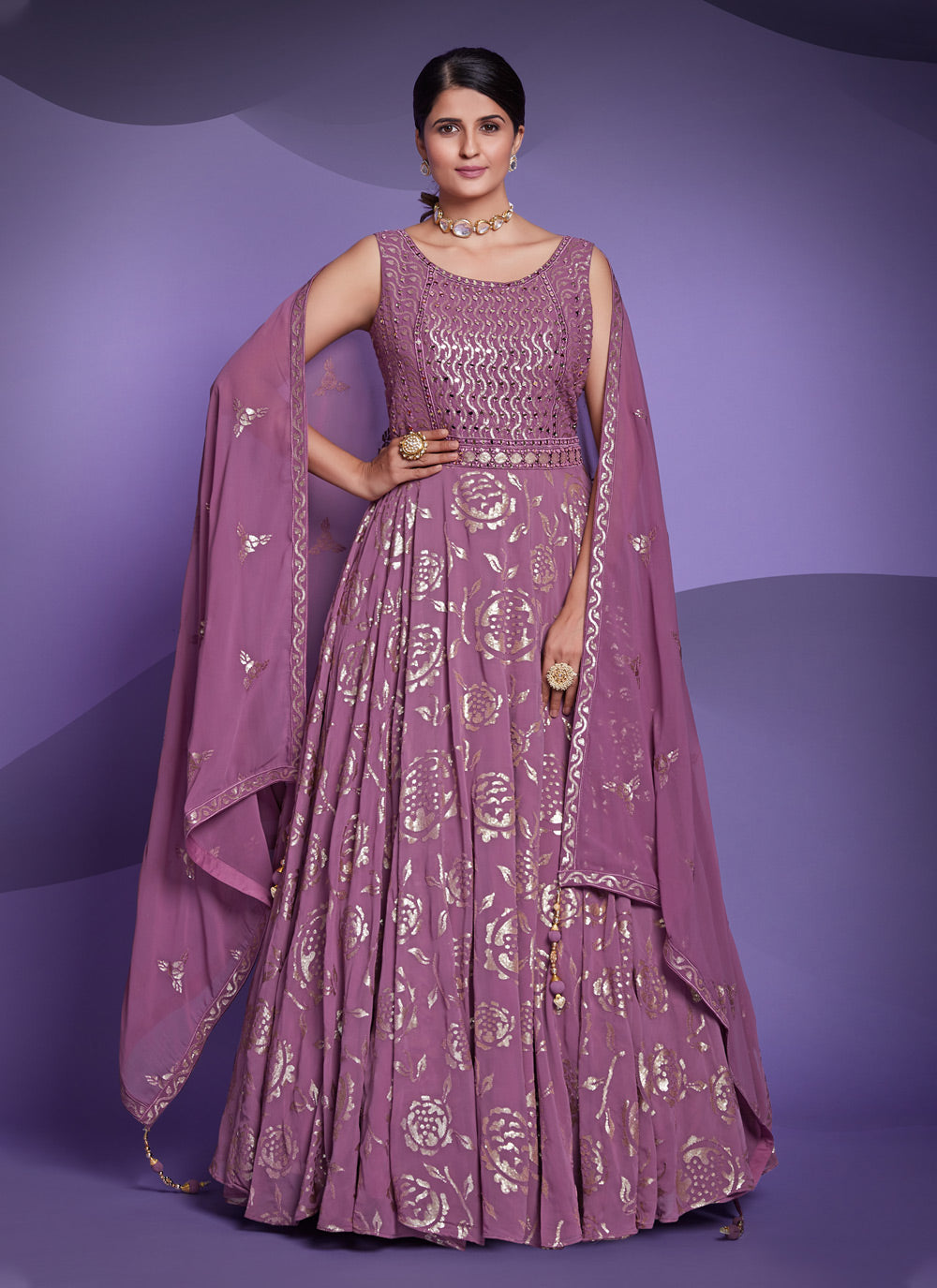 Readymade Gown Sequins Georgette In Purple For Wedding