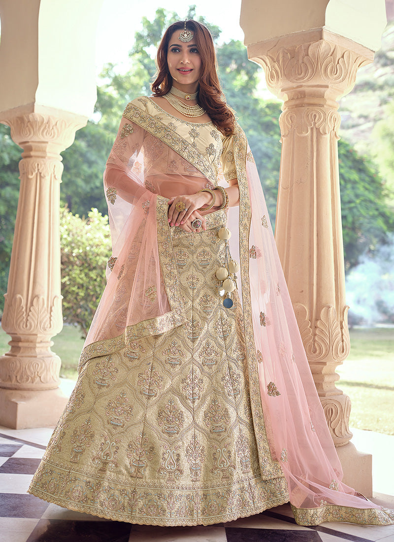 Cream Color Crepe Fabric Sequins And Stone Work Lehenga