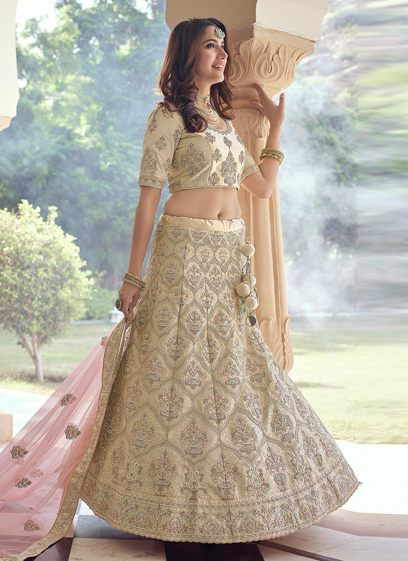 Cream Color Crepe Fabric Sequins And Stone Work Lehenga