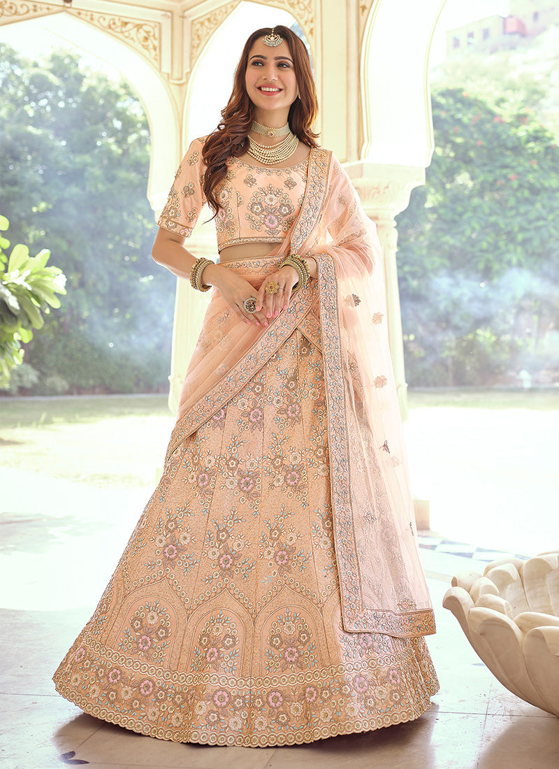 Peach Color Crepe Material Sequins And Thread Work Lehenga