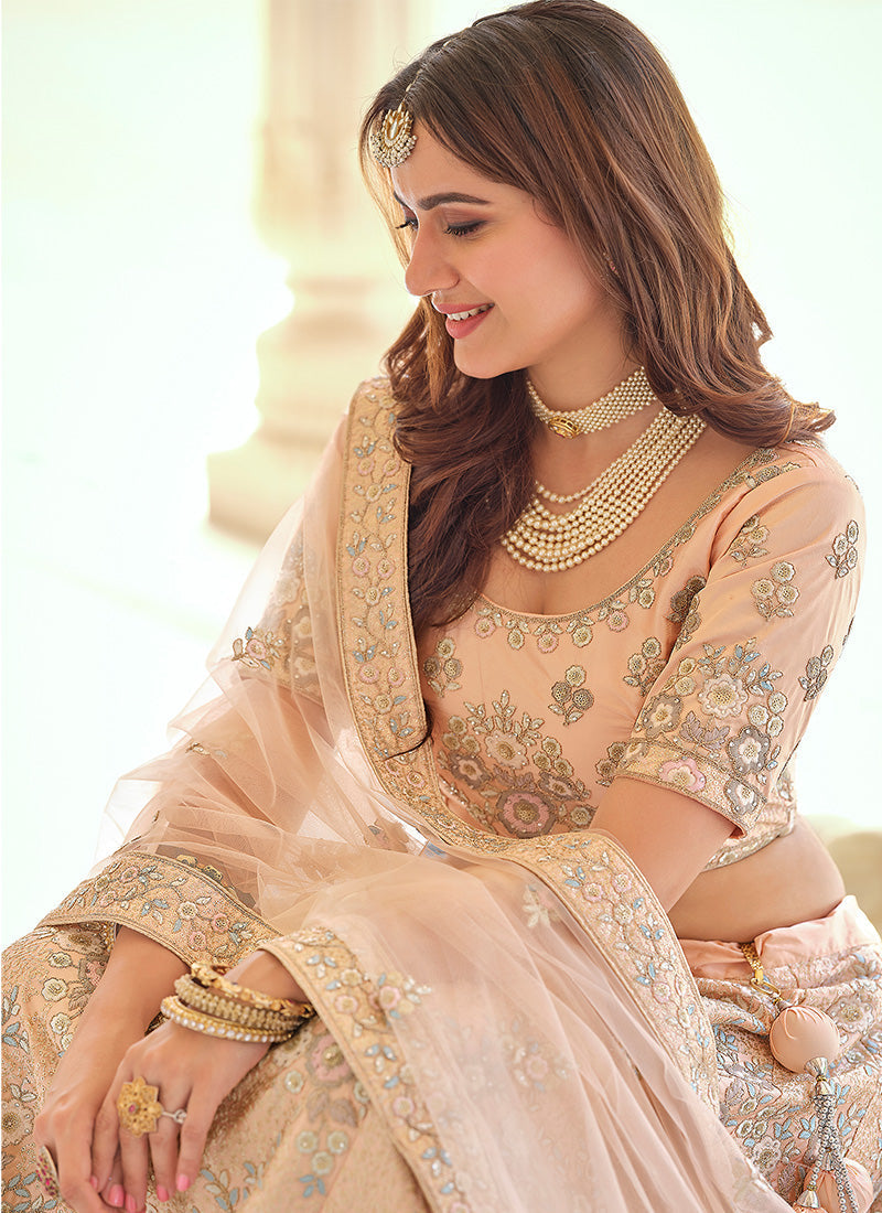 Peach Color Crepe Material Sequins And Thread Work Lehenga