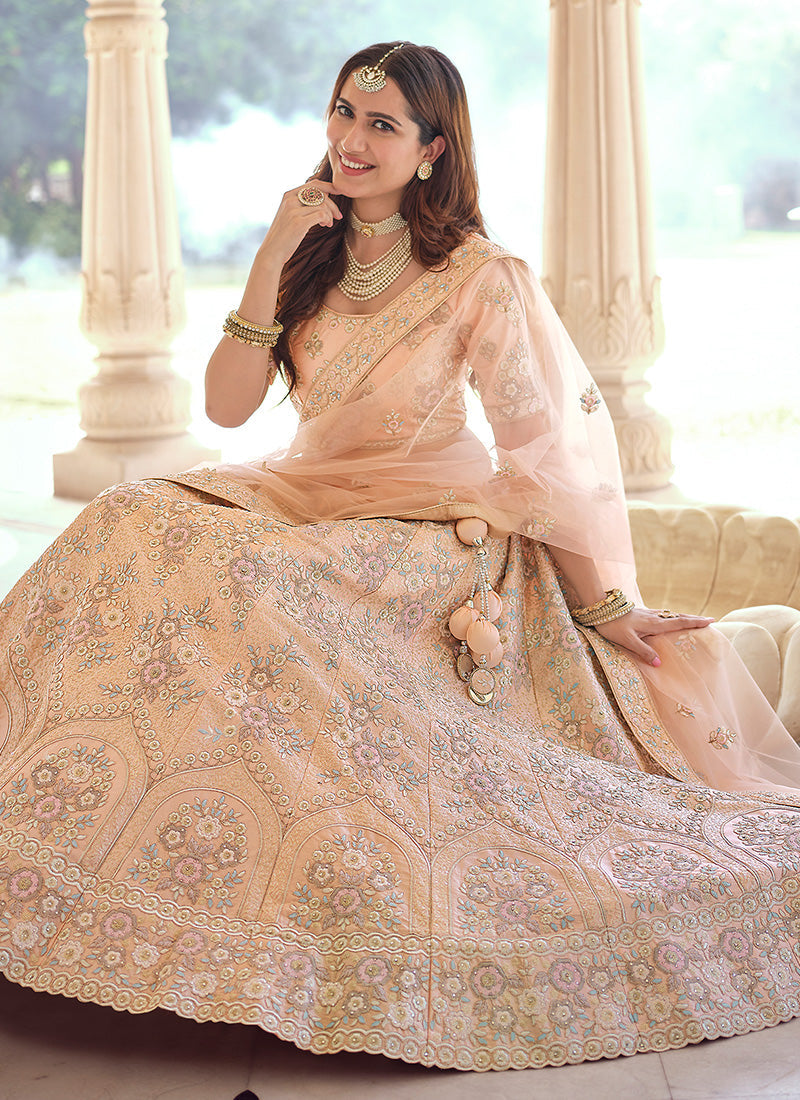 Peach Color Crepe Material Sequins And Thread Work Lehenga