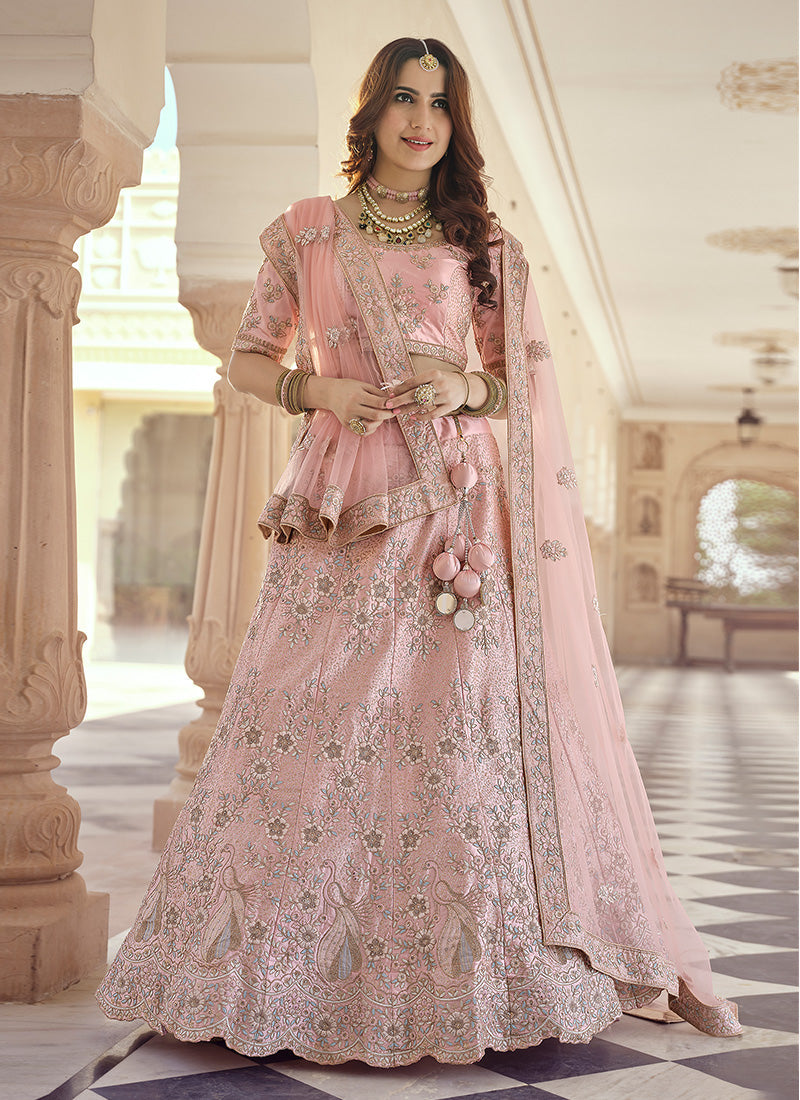 Pink Color Crepe Fabric Stone And Dori Work Lehenga