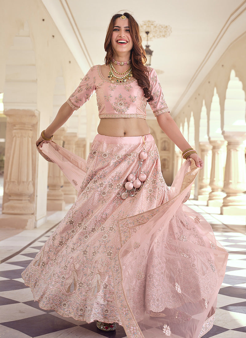 Pink Color Crepe Fabric Stone And Dori Work Lehenga