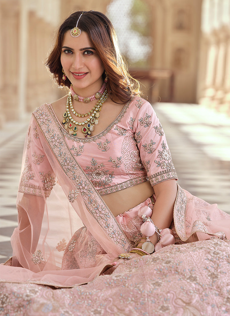 Pink Color Crepe Fabric Stone And Dori Work Lehenga