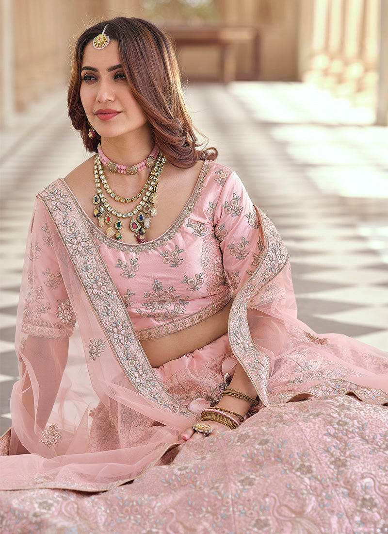 Pink Color Crepe Fabric Stone And Dori Work Lehenga