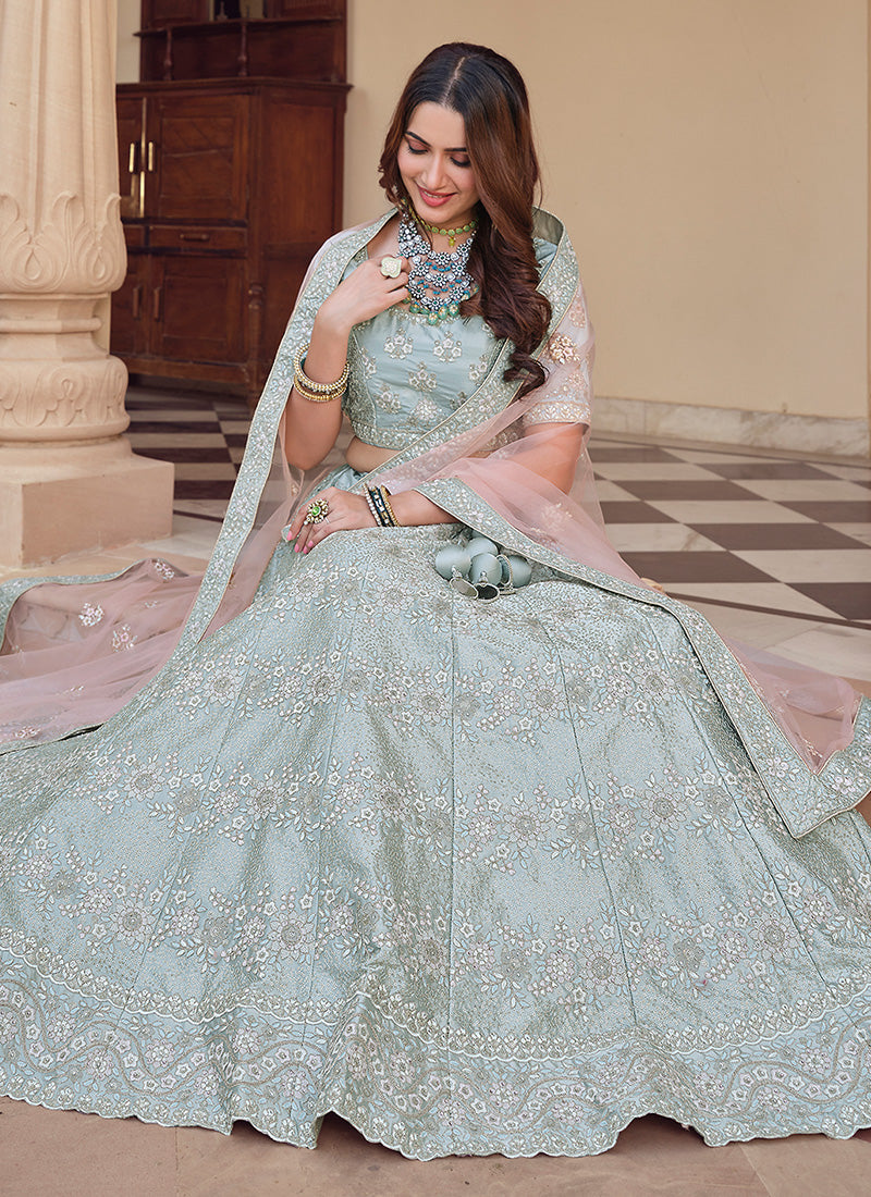 Grey Color Crepe Material Sequins Work Kalidar Lehenga
