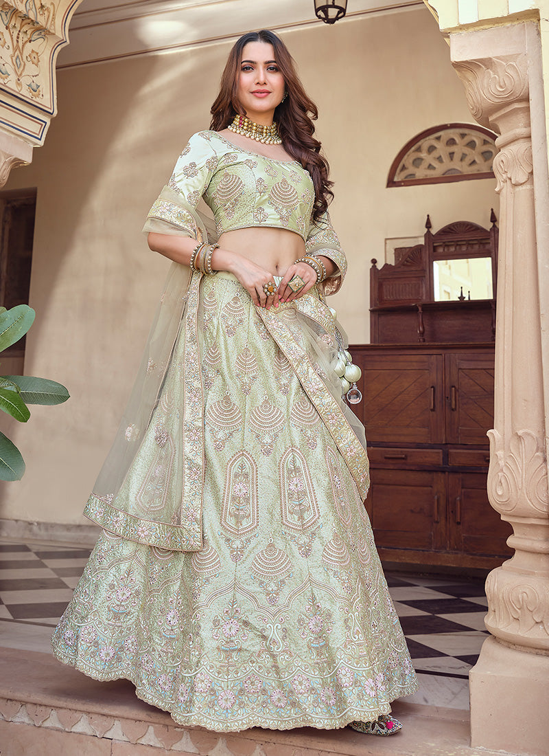 Green Color Crepe Material Thread And Sequins Work Lehenga