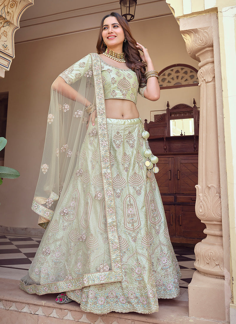 Green Color Crepe Material Thread And Sequins Work Lehenga