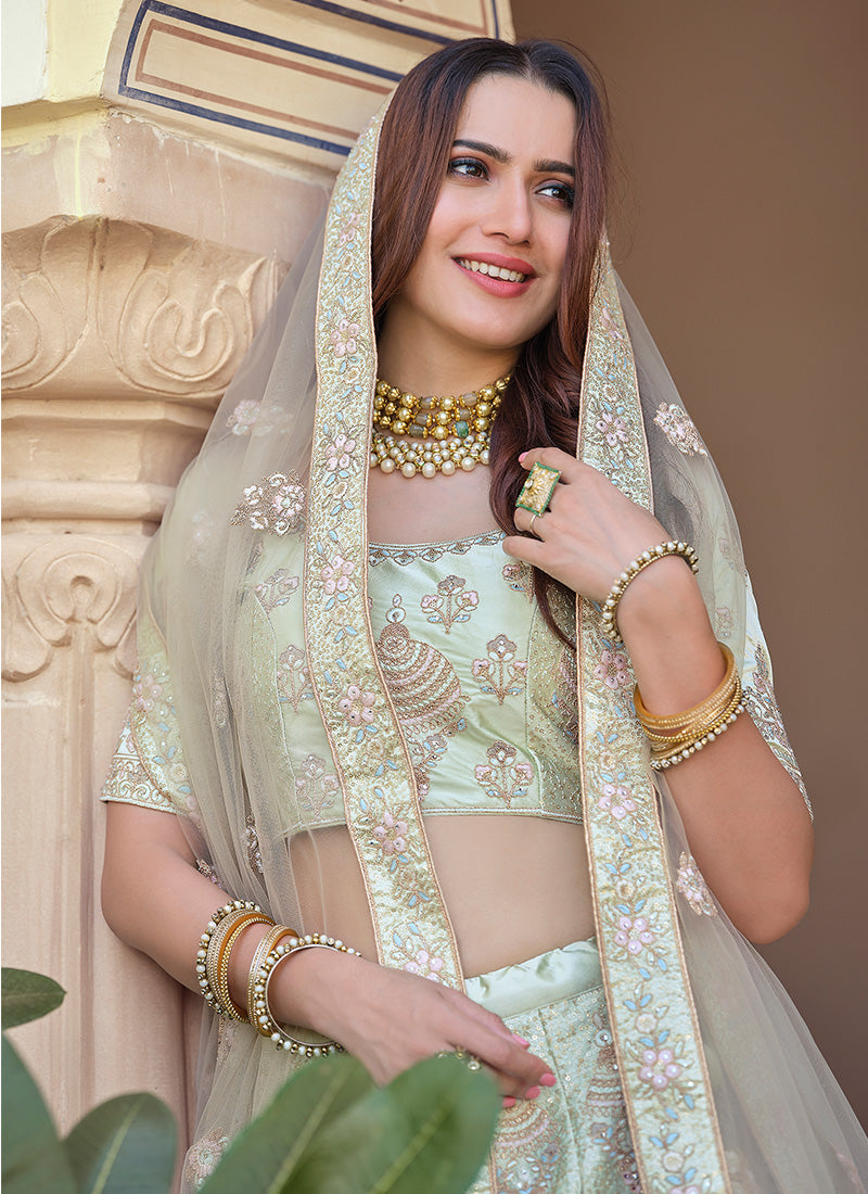 Green Color Crepe Material Thread And Sequins Work Lehenga