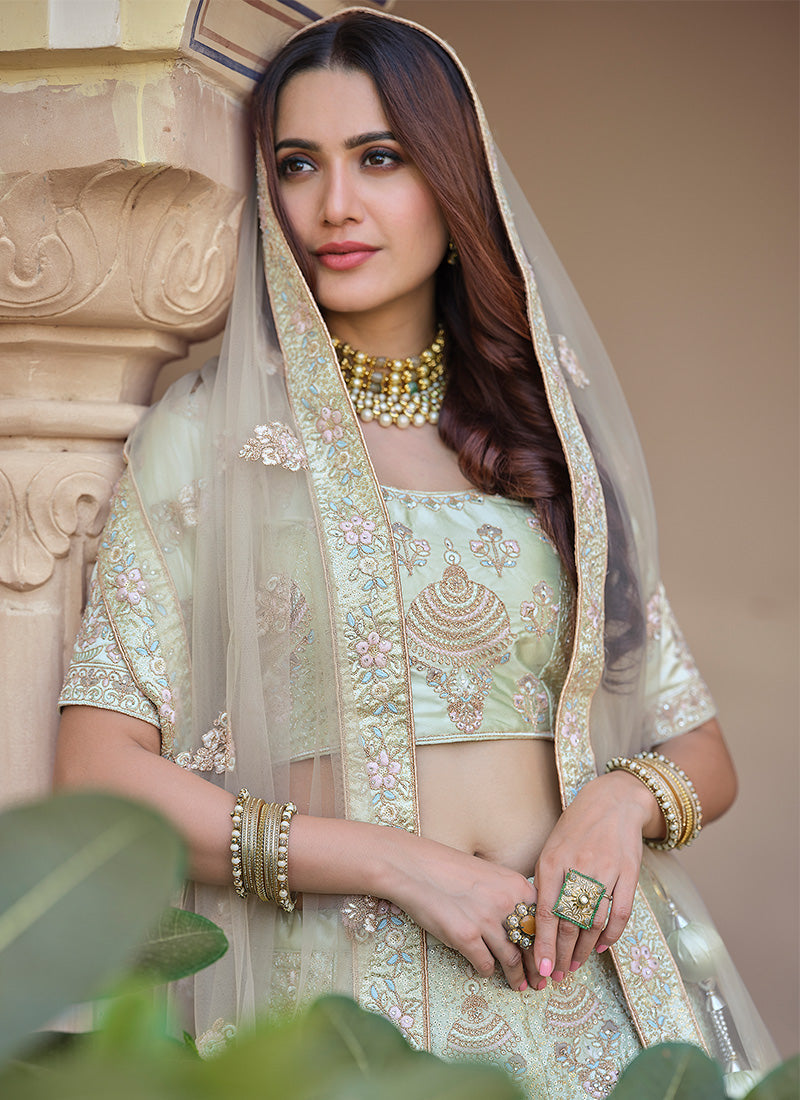 Green Color Crepe Material Thread And Sequins Work Lehenga