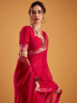 Precious Red Zari Weaving Georgette Festival Wear Saree With Blouse