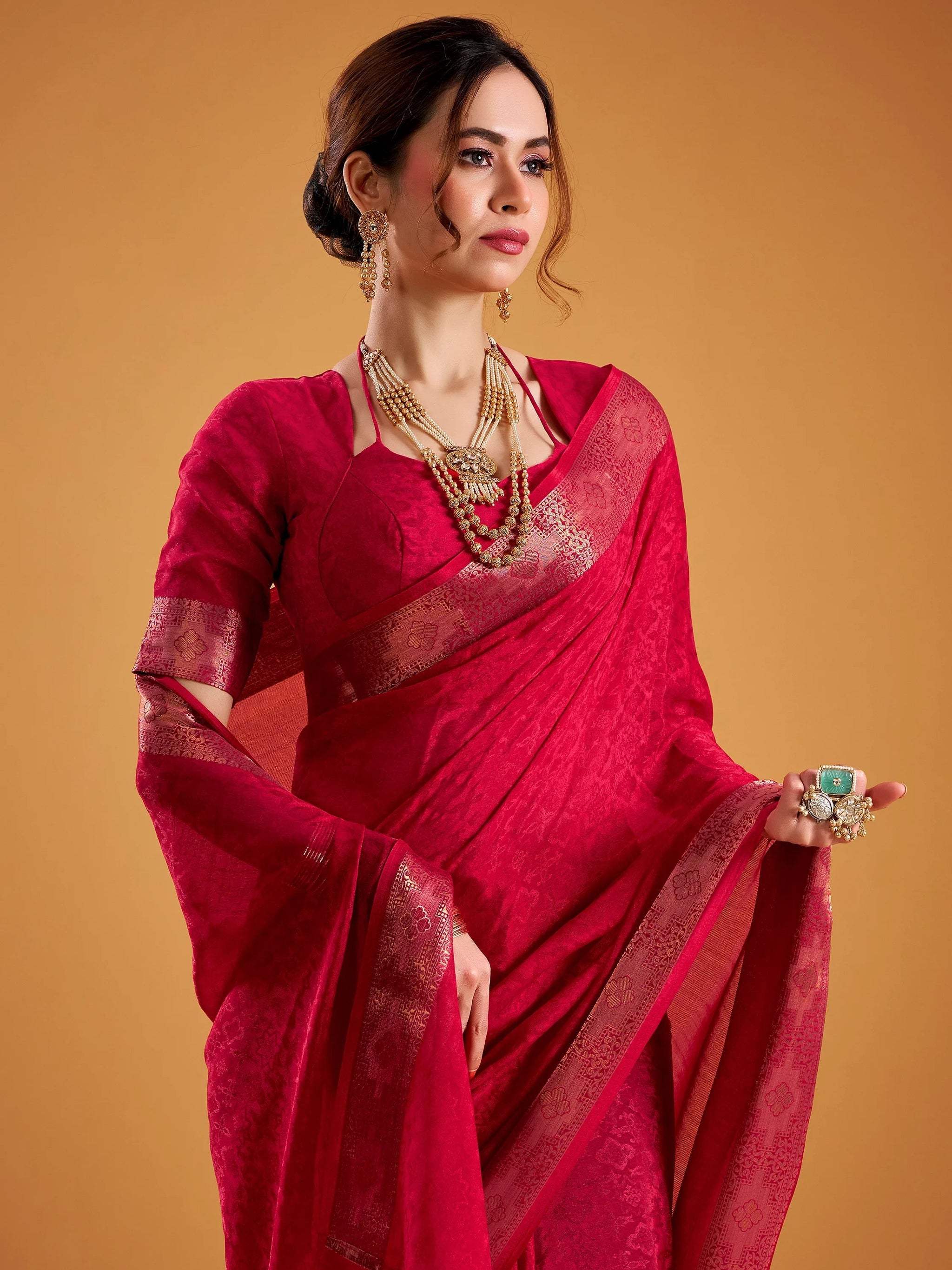 Precious Red Zari Weaving Georgette Festival Wear Saree With Blouse