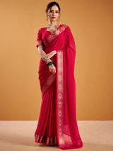 Precious Red Zari Weaving Georgette Festival Wear Saree With Blouse