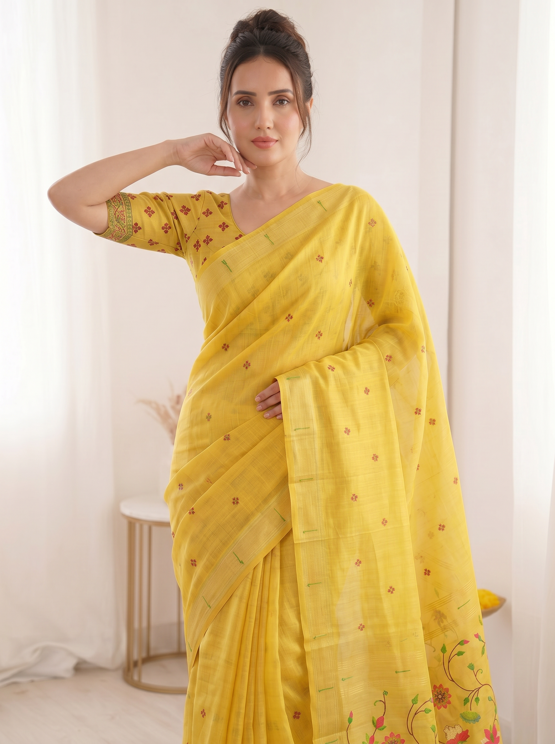 Yellow Premium Soft Muga Cotton Saree with Paithani Swan Meenakari Pallu