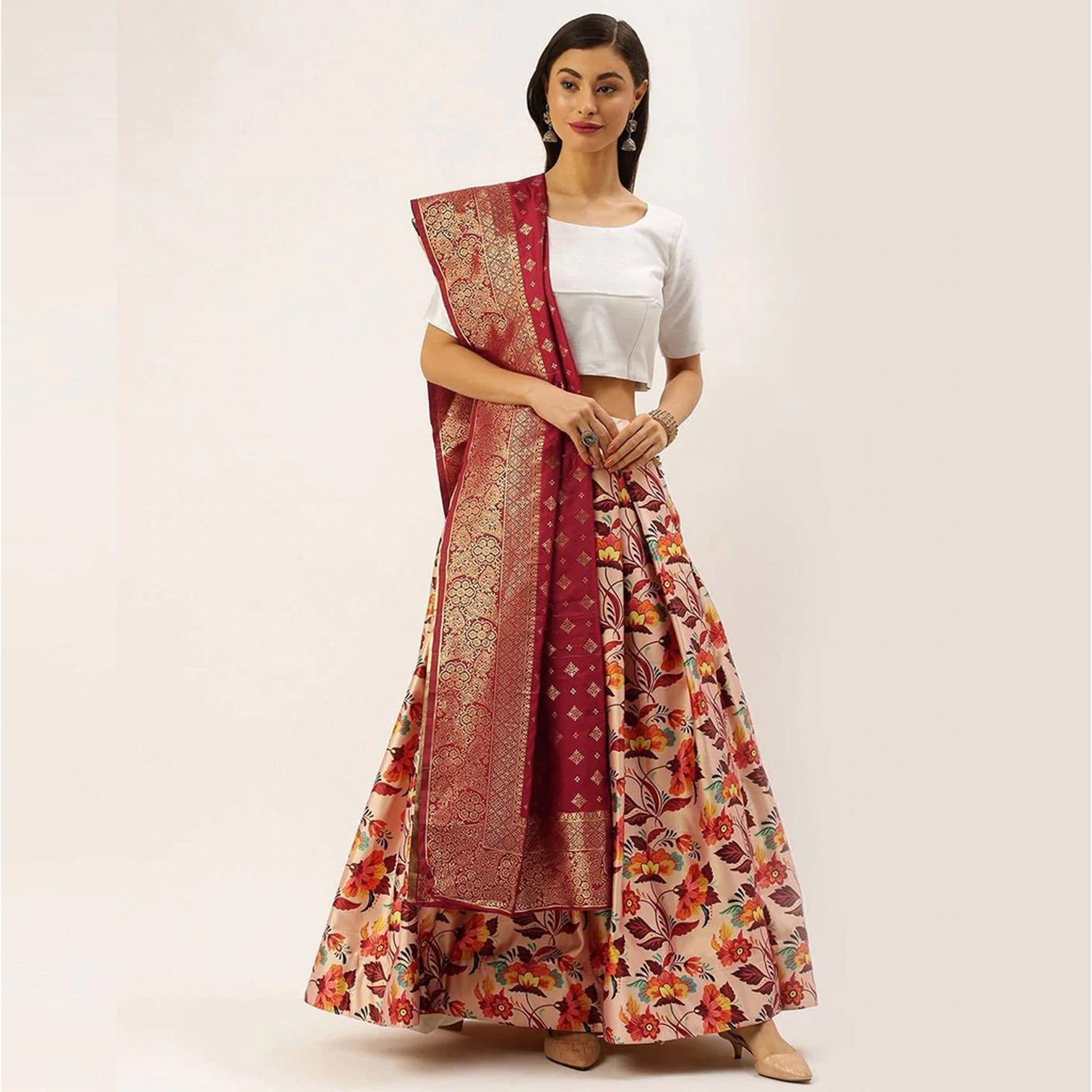 Floral Printed Satin Silk Lehenga Choli with Phantom Silk Unstitched Blouse and Dupatta