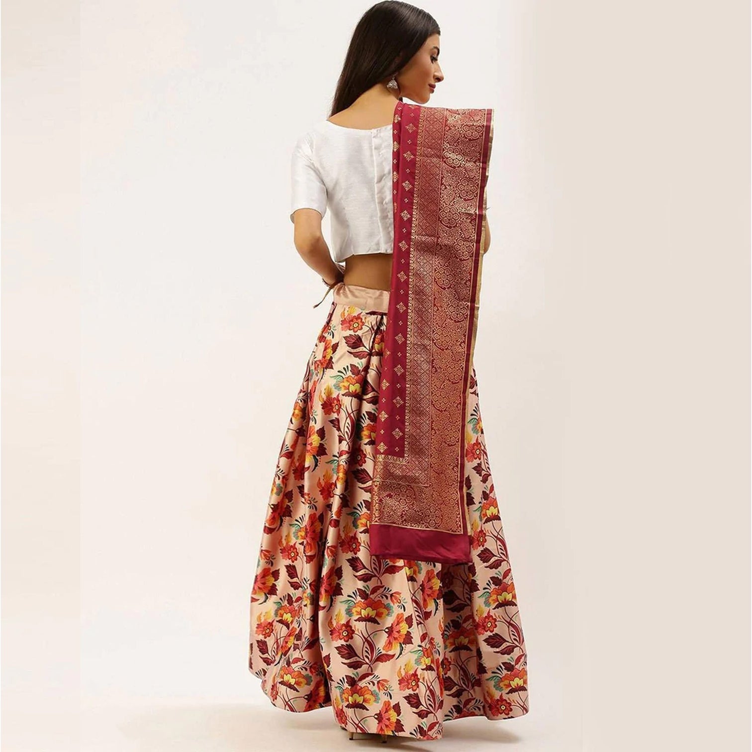 Floral Printed Satin Silk Lehenga Choli with Phantom Silk Unstitched Blouse and Dupatta