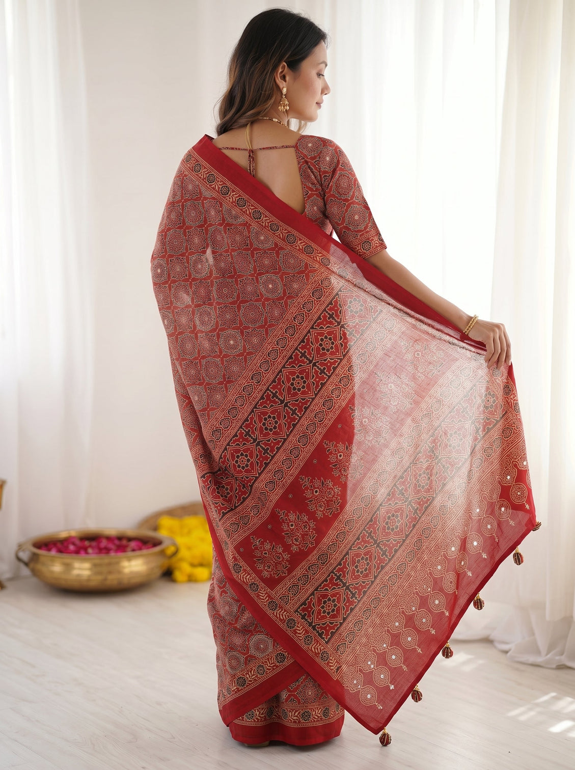 Ruby red pure modal silk saree with heritage ajrakh inspired print traditional designer pallu