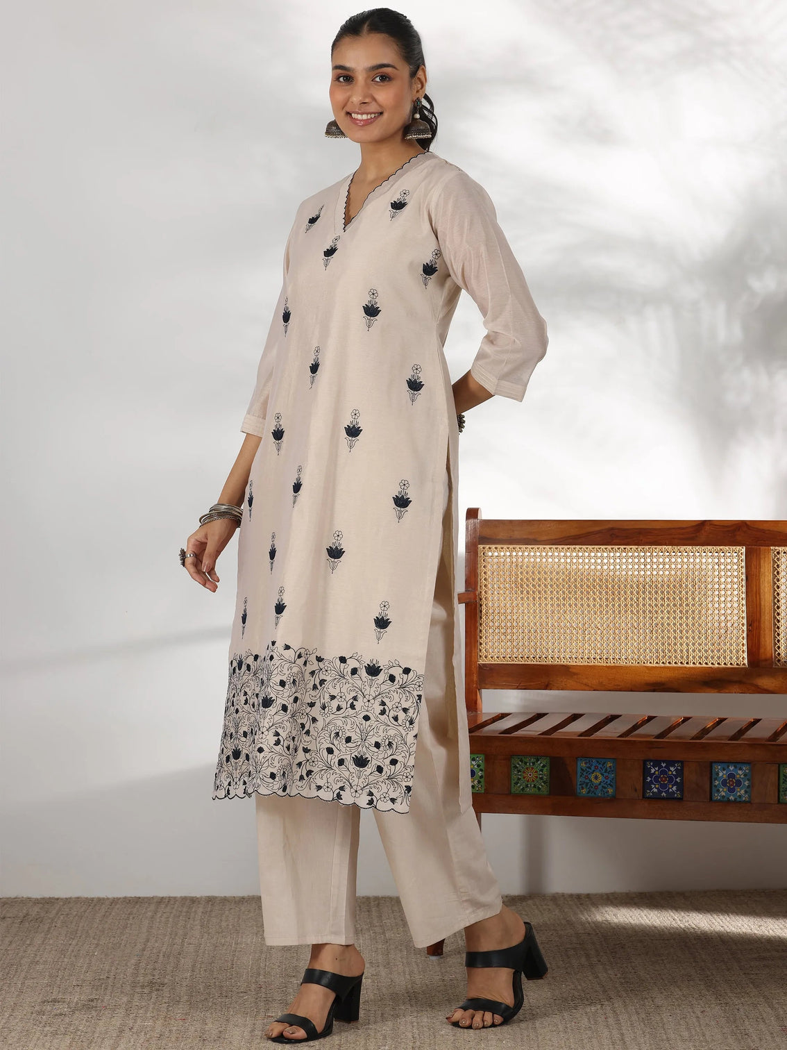Mameraa Beige Embroidered Chanderi Silk Straight Suit With Dupatta
