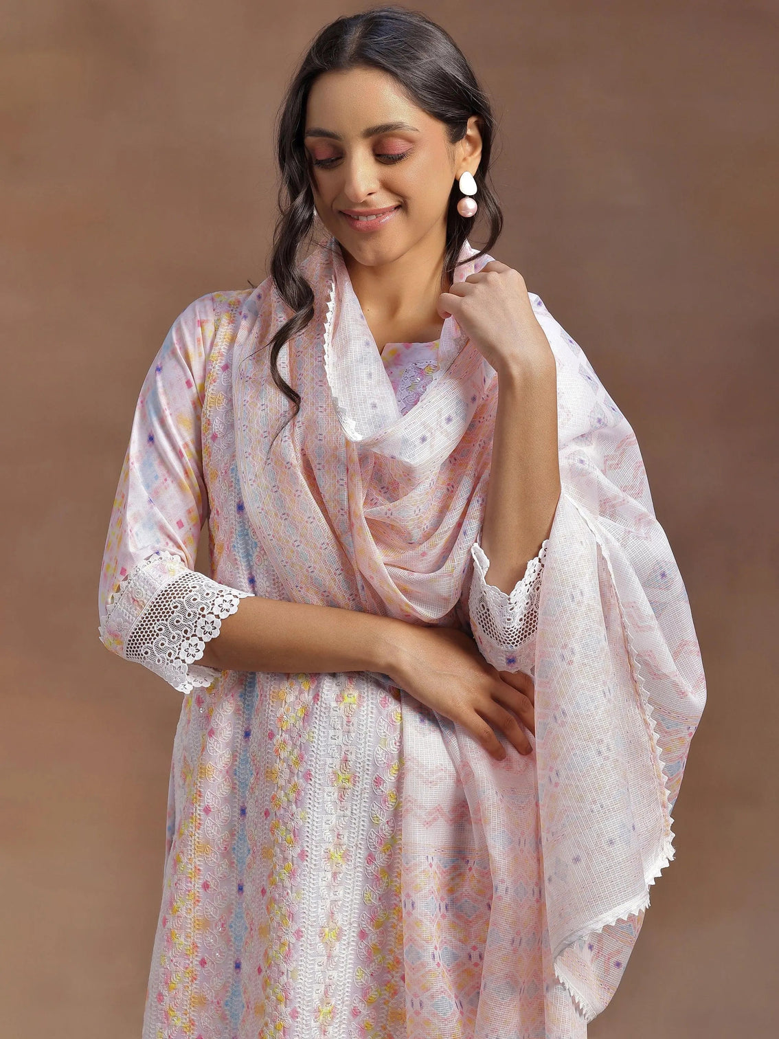 Mameraa Peach Embroidered Cotton Blend Straight Suit With Dupatta