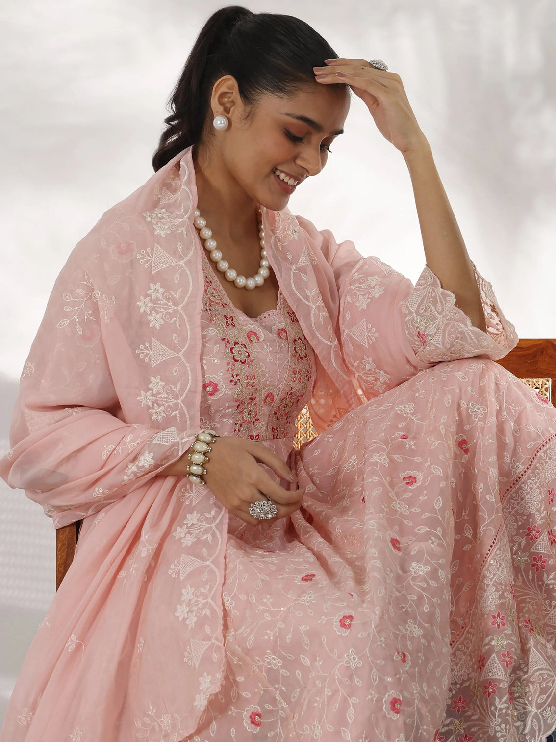 Mameraa Pink Embroidered Organza Anarkali Suit With Dupatta