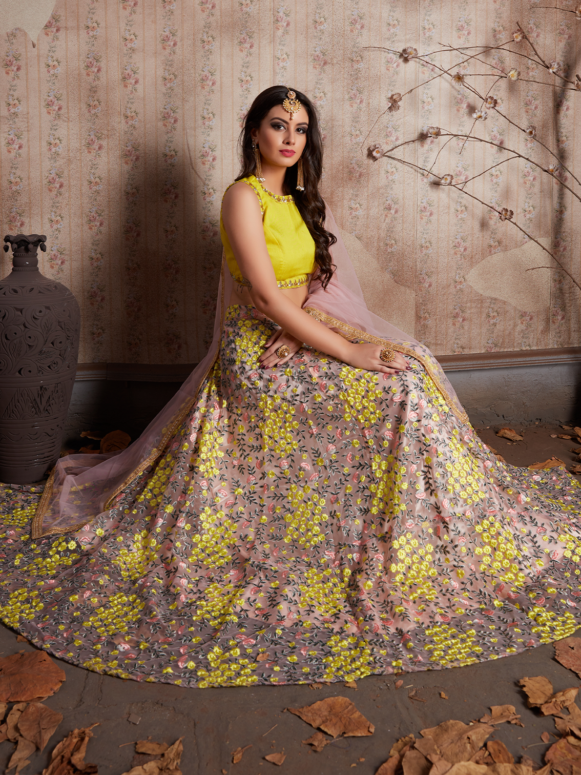Peach Embroidered Semi Stitched Lehenga With Unstitched Blouse
