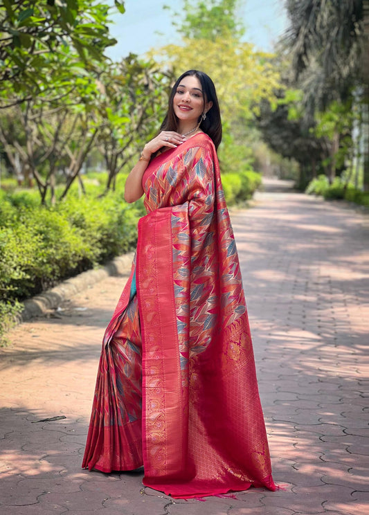 Women's Coral Pink Banarasi Silk Saree with Multicolor Leaf Woven Design & Rich Zari Border