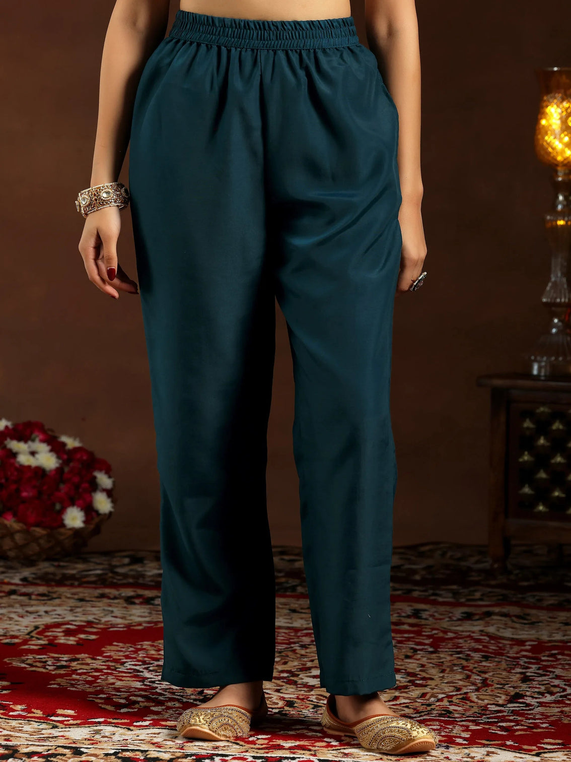 Mameraa Teal Embroidered Silk Blend Straight Suit With Dupatta