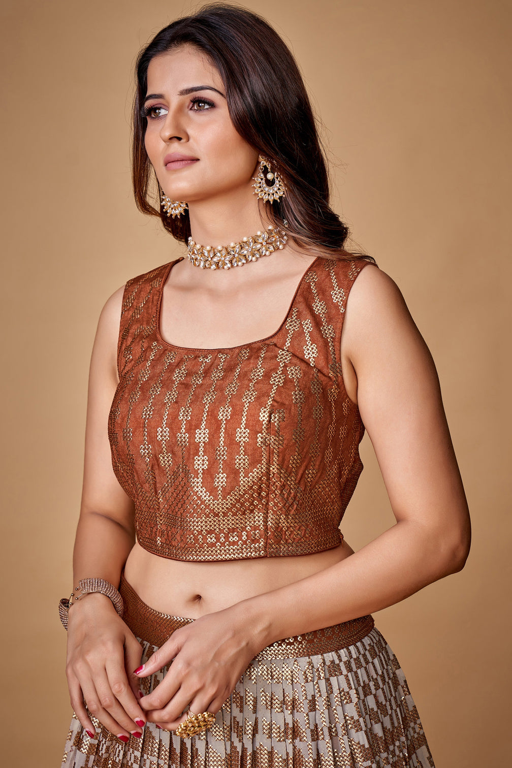 Brown Sequins Work Georgette Wedding Wear Lehenga Choli