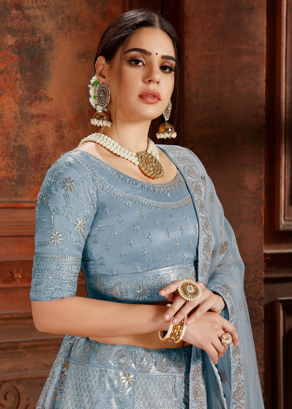 Pigeon Blue Soft Net Lehenga Choli with Thread, Zari, Zarkan & Pearl work