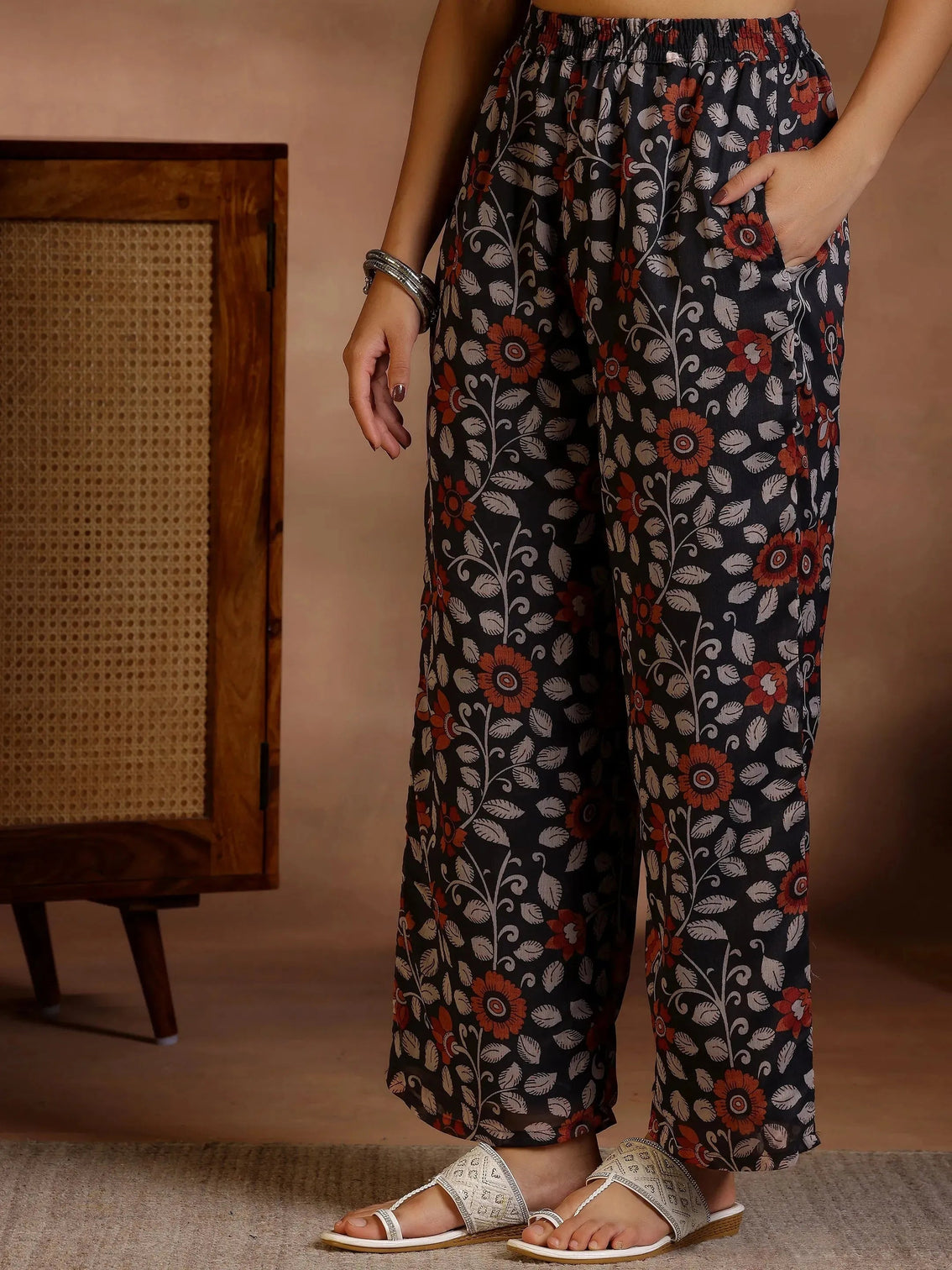 Mameraa Black Printed A-Line Kurta With Palazzos & Dupatta