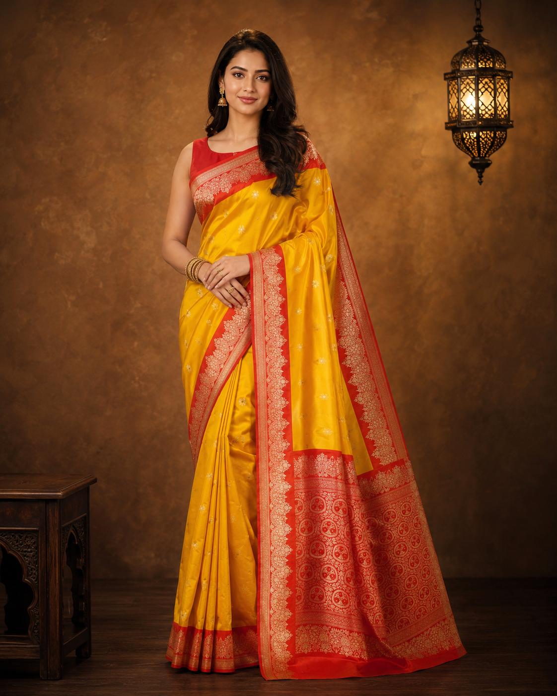 Yellow contrast with Red - Pure Soft premium Katan Silk Banarasi Saree