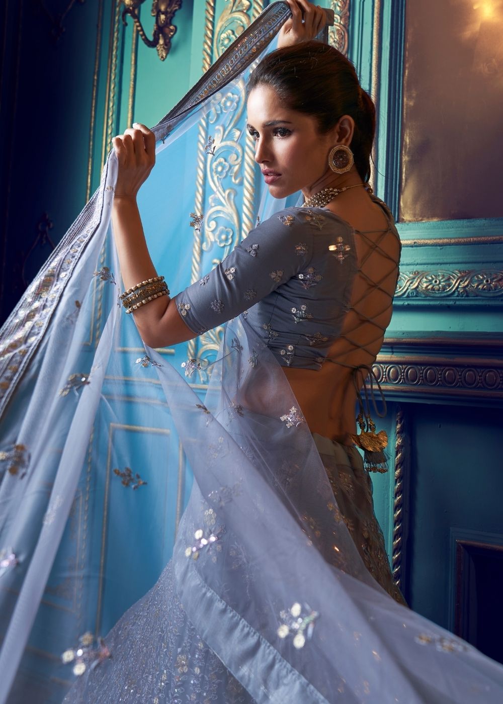 Flint Grey Designer Soft Net Lehenga Choli with Sequin work and Thread work
