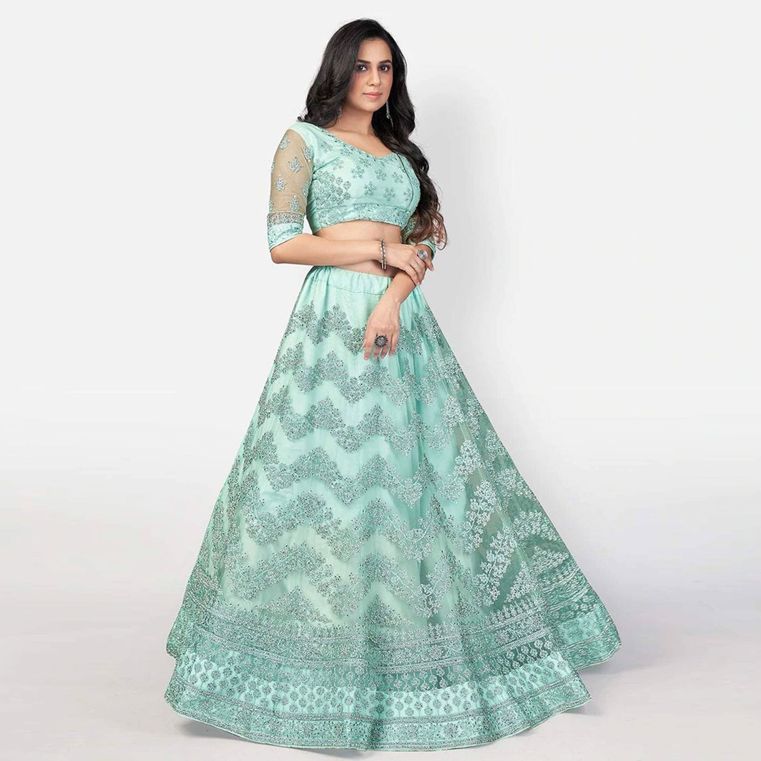 Summer Green Soft Net Embroidery and Zaken Work Lehenga choli