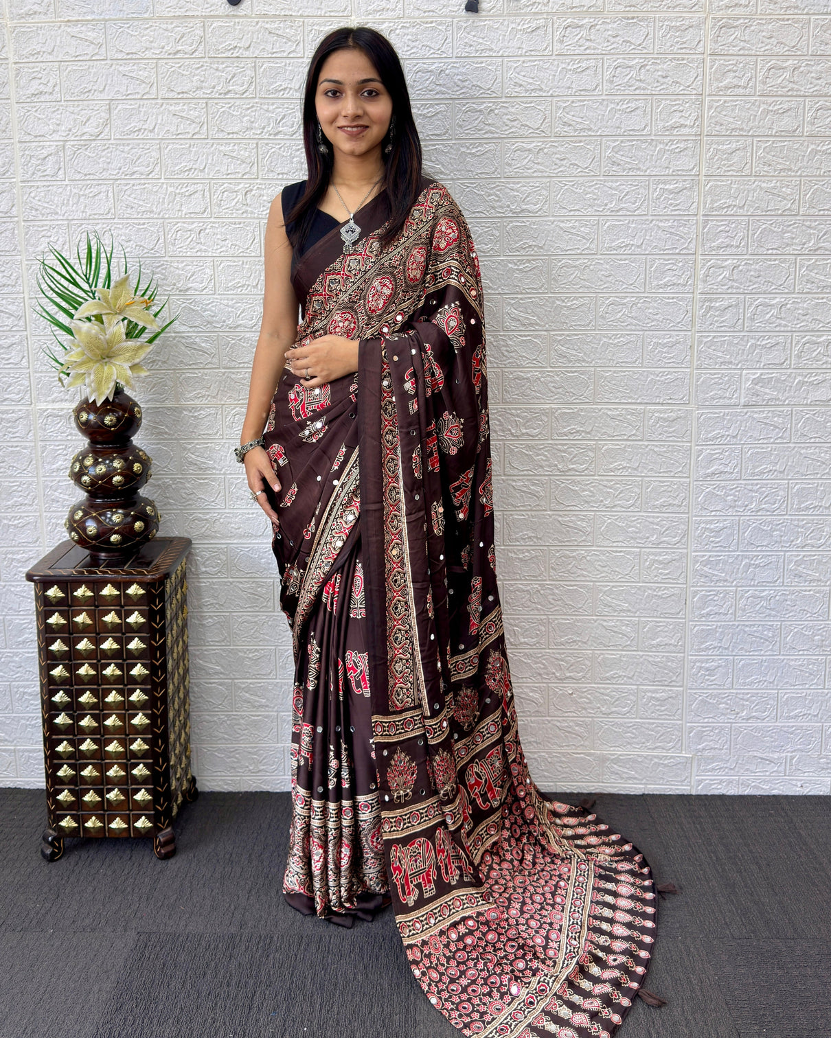 Chocolate brown modal silk saree with elephant motif heritage print designer pallu traditional festive wear saree