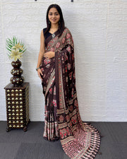 Chocolate brown modal silk saree with elephant motif heritage print designer pallu traditional festive wear saree