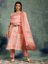 Libas Peach Printed Silk Blend Straight Suit With Dupatta