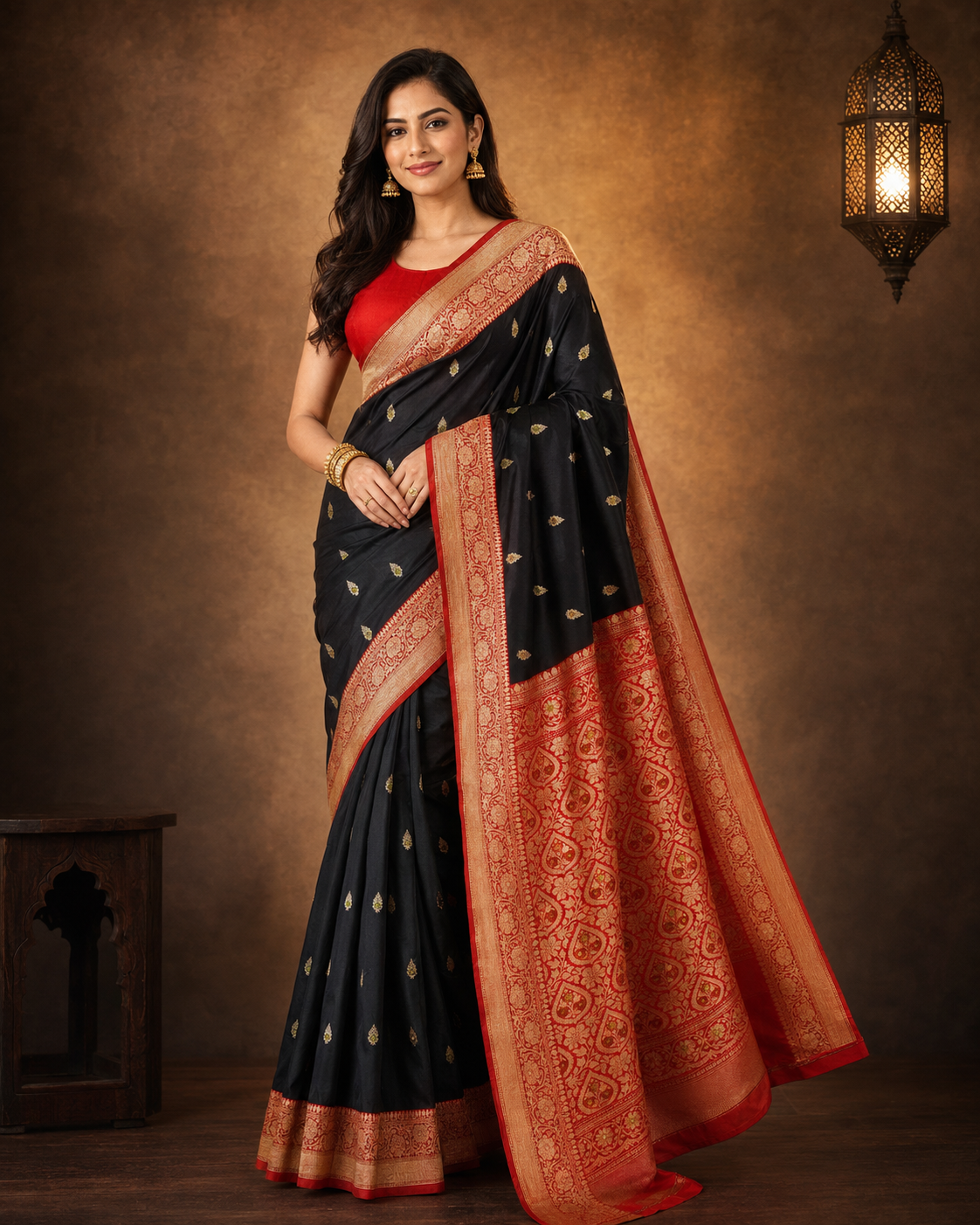 Black contrast with Red - Pure Soft premium Katan Silk Banarasi Saree