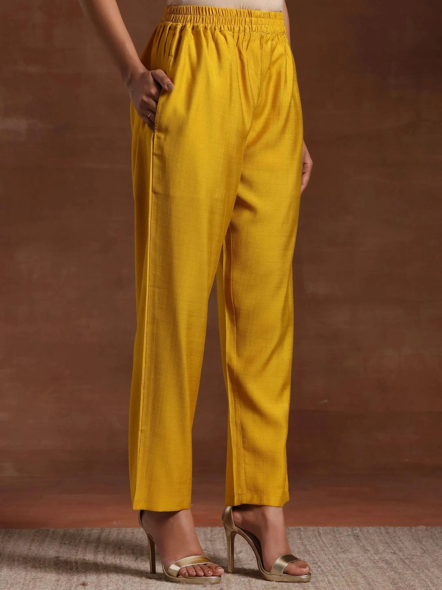 Libas Mustard Embroidered Silk Blend Straight Suit With Dupatta