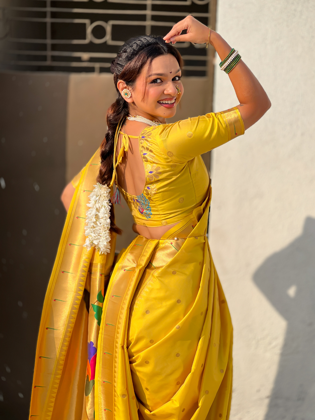 Yellow Wedding Special Nauvari Paithani Soft Silk Saree with Zari Woven Polka Motifs and Peacock Pallu