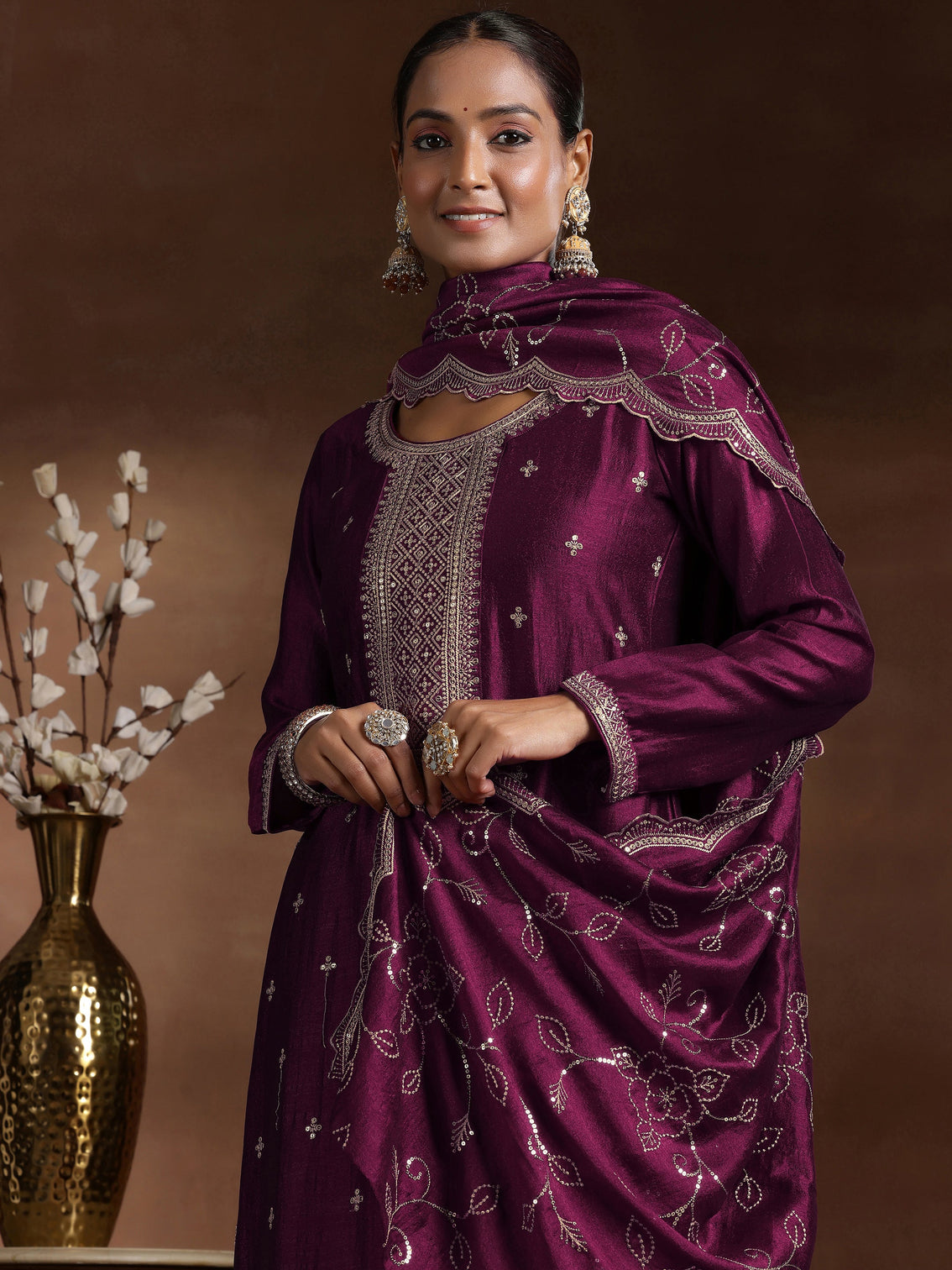 Mameraa Wine Embroidered Silk Blend Straight Suit With Dupatta