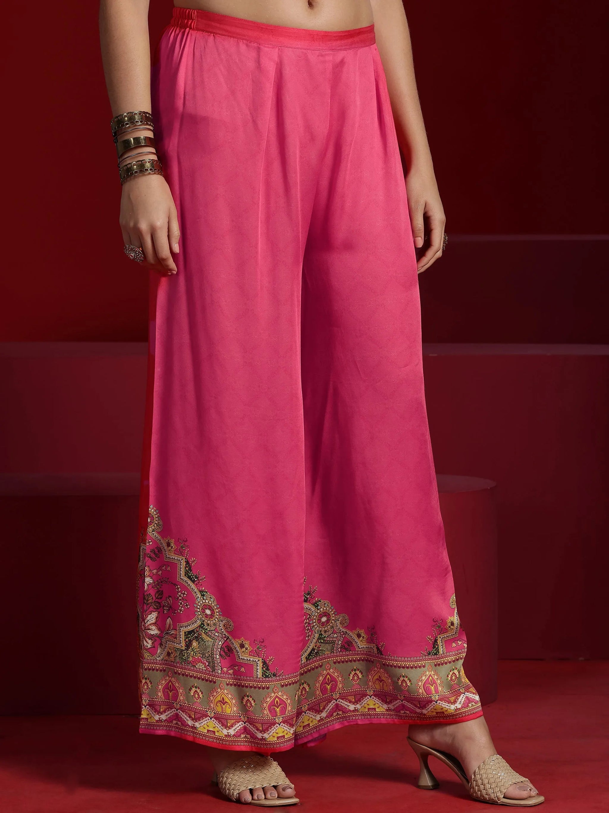 Libas Art Coral Printed Silk Blend Kaftan Kurta With Palazzos