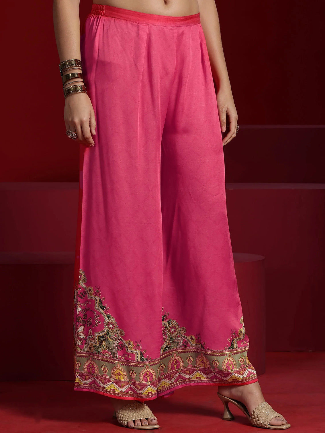 Mameraa Art Coral Printed Silk Blend Kaftan Kurta With Palazzos