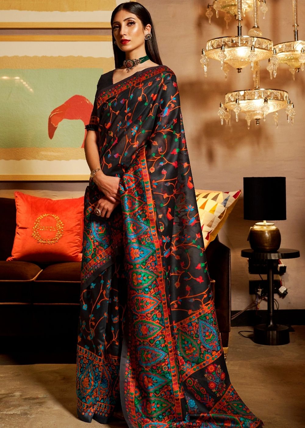 Ebony Black Banarasi Jamawar Woven Silk Saree : Top Pick