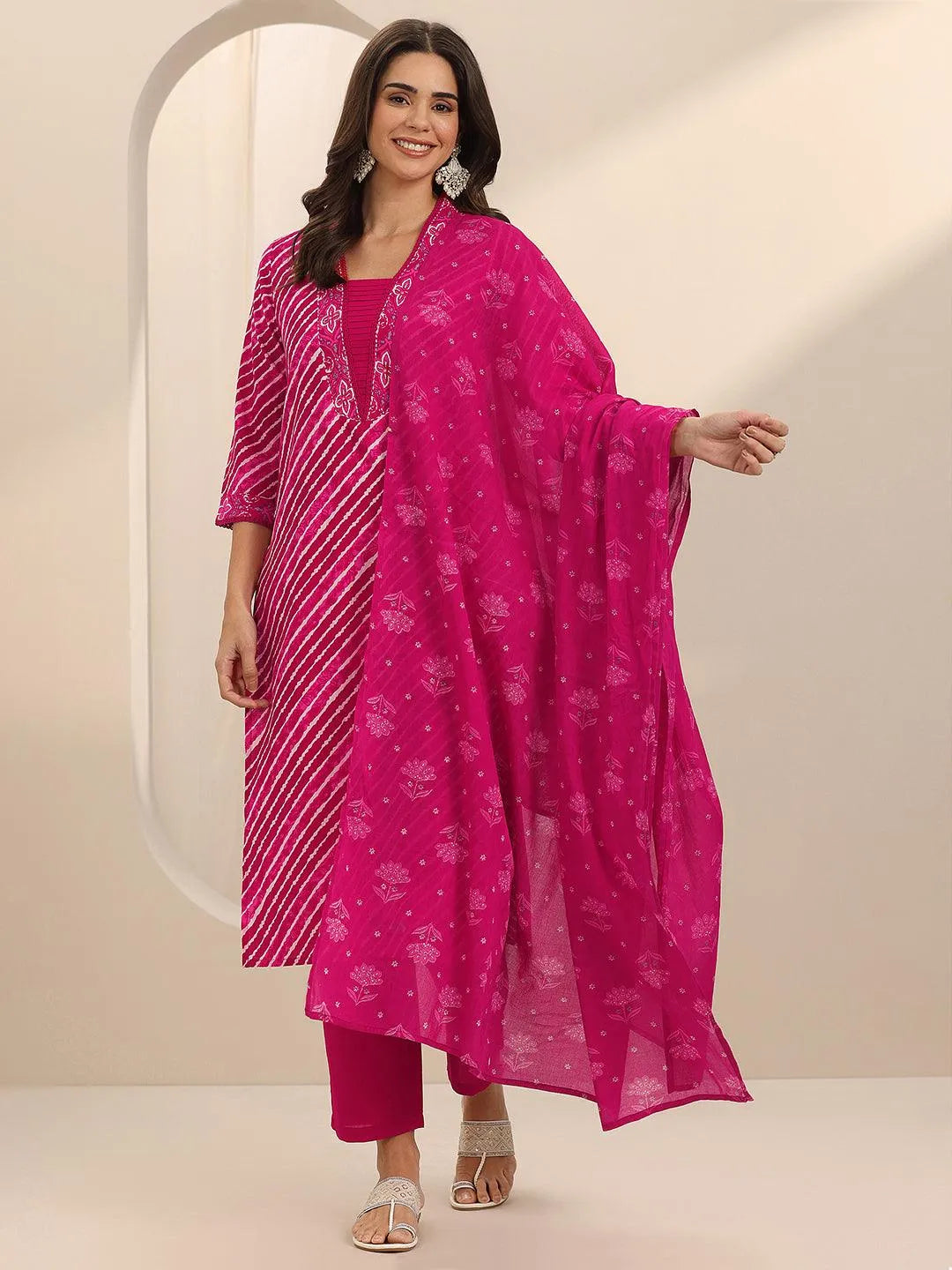Libas Pink Printed Cotton Straight Suit Set With Dupatta