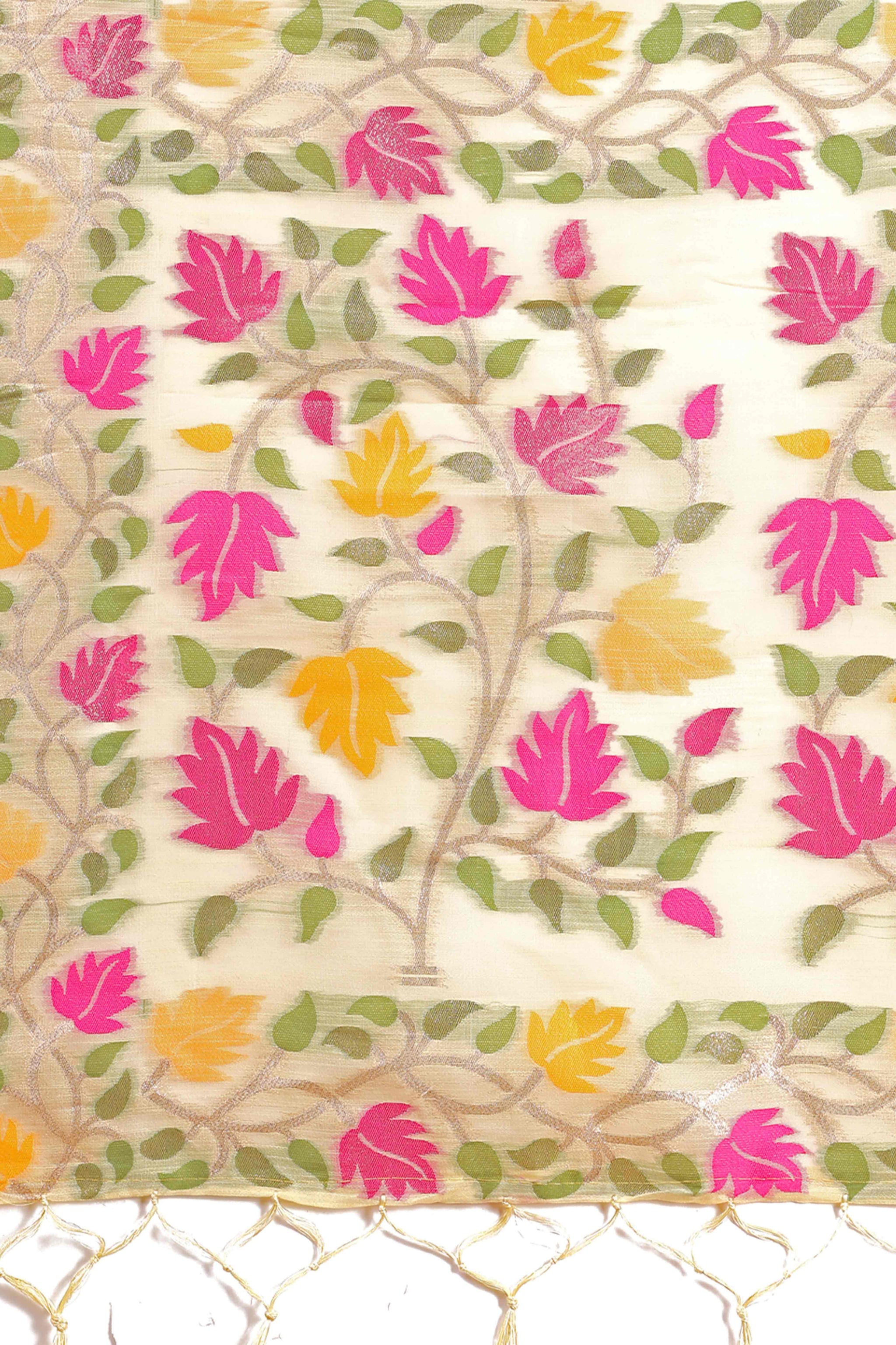 Cream Linen Cotton Silk  Saree Enhanced With Floral Zari Weaving & Tasselled Pallu Finish