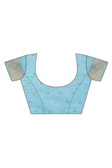 Blue Linen Cotton Saree With Intricate Floral Zari Weving & Tassel Edge